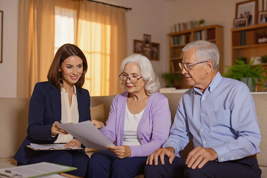 Businesswoman consulting senior couple with documents