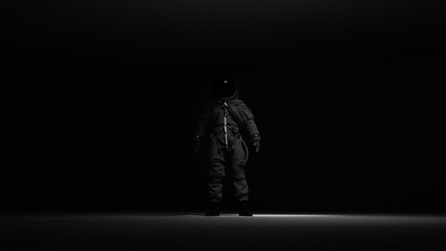 Dramatic Standing Astronaut Escape Suit Spacesuit Dark Background Sci Fi Mysterious Spotlight Isolated Figure 3d illustration