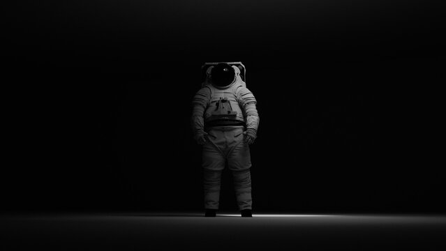 Dramatic Standing Astronaut Spacesuit Space Walk Dark Background Sci Fi Mysterious Spotlight Isolated Figure 3d illustration