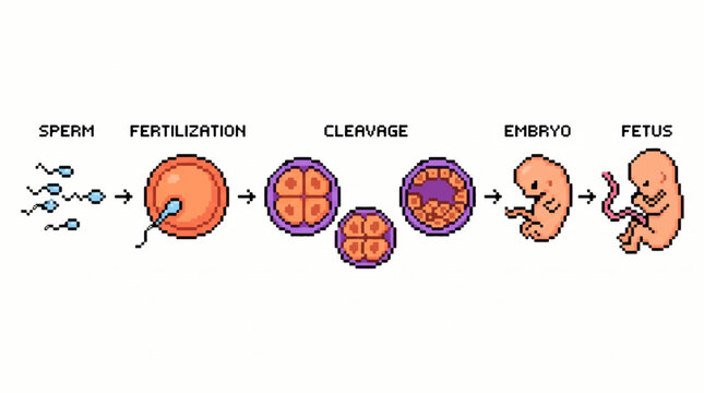 Human Embryo Development Stages Infographic from Sperm and Fertilization to Fetus, Prenatal Growth Chart with Cleavage and Blastocyst Vector Cartoon Illustration