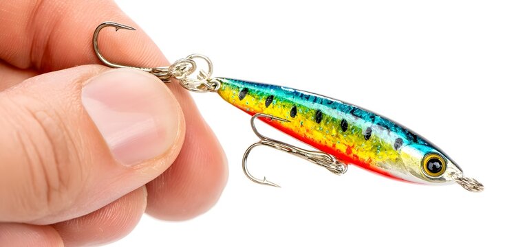A hand holding a fishing lure with a colorful body and hooks on a white background