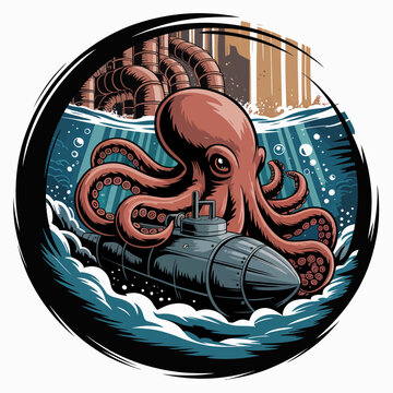 Octopus on submarine underwater ocean creature.