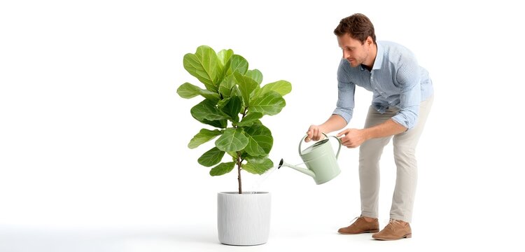 Man watering a fiddle leaf fig plant in a white pot with a green watering can on a white background