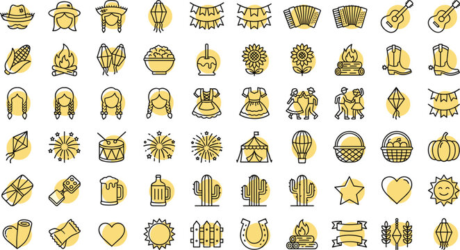 Festa Junina and Brazilian June festival line vector icon set, country party outline elements with bonfire, lantern, accordion, and traditional food illustrations