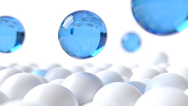 Floating blue and white spheres