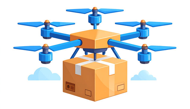 Pixel art delivery drone carrying a cardboard package, technology and logistics, futuristic shipping concept