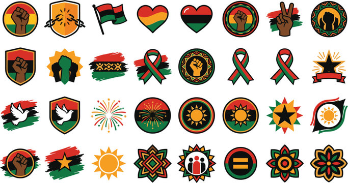 Juneteenth and Black History Month vector icon set, Black owned business stickers with Pan African flag, storefronts, shopping bags, and hands illustration