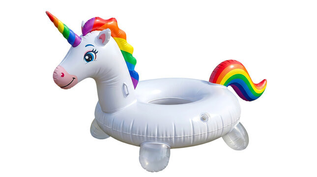 Inflatable unicorn pool float with rainbow mane and tail.