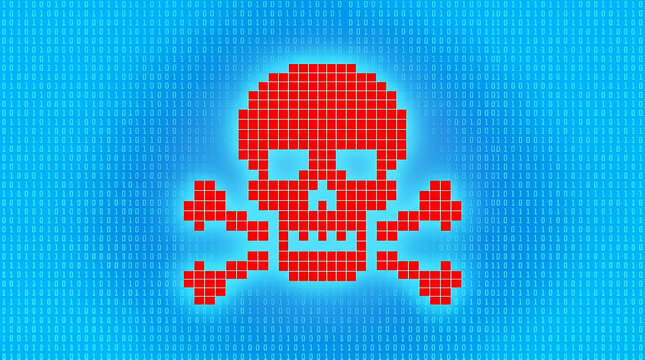 Red pixelated skull and crossbones on binary code background image