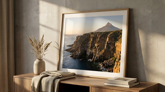 Framed landscape artwork of a rugged coastal cliff face with a dramatic mountain peak at sunset golden hour wall art