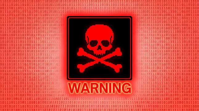 Red skull and crossbones warning sign with binary code image