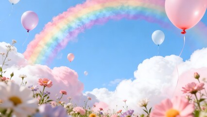 Fototapeta premium Colorful rainbow with balloons and flowers