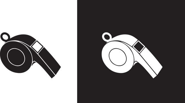 Black and white whistle icon for sports and referee signaling isolated on white background for design and communication