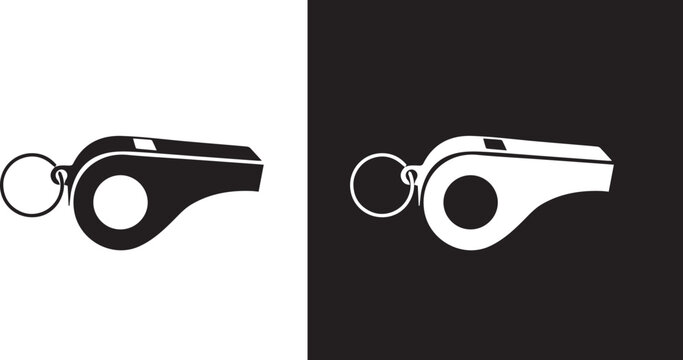 Black and white whistle icon for sports and referee signaling isolated on white background for design and communication