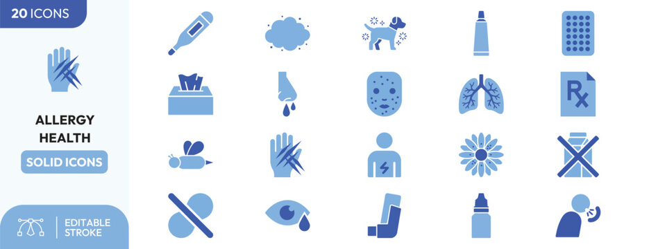 Allergy Health icon set. Containing allergy, health, medical, symptom, medicine, asthma, pollen, rash, respiratory, and healthcare. Editable stroke. Vector illustration.
