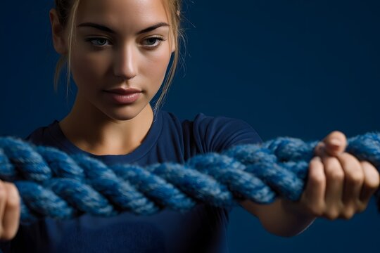 A woman in a blue shirt holds a large blue rope in front of her face against a dark blue background with a determined expression on her face looking directly at the camera