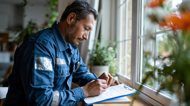 A paramedic writes patient notes on a clipboard beside a bright window after a home emergency assessment medical documentation patient records healthcare workflow paramedic