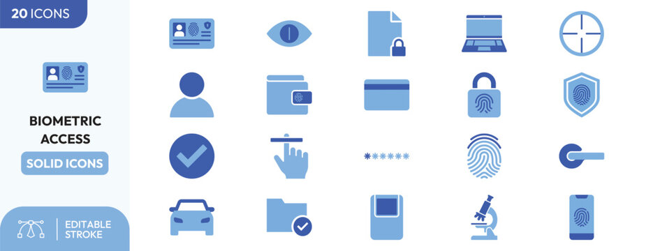 Biometric Access icon set. Containing fingerprint, iris scan, security, identity, authentication. Editable stroke. Vector illustration.