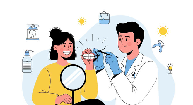 Dentist Examining Patient's Teeth with Model and Mirror - Health Care Concept