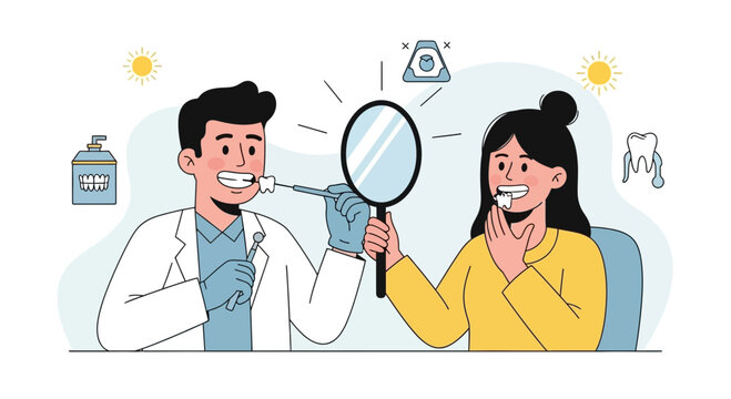 Dentist examining patient's teeth with mirror, dental hygiene illustration