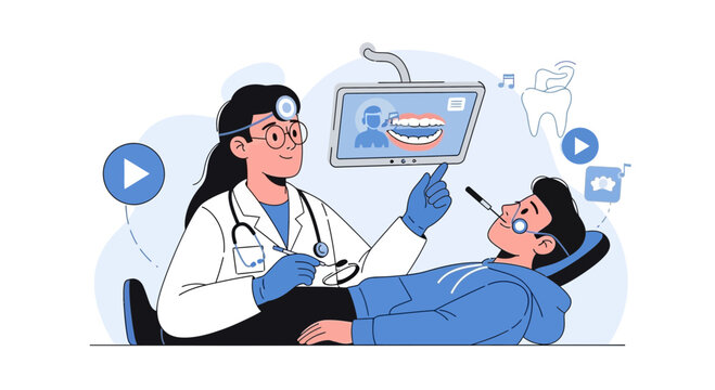 Dentist examining patient's teeth on screen, digital dental care concept