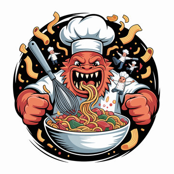 Cartoon monster eating noodles enthusiastically.