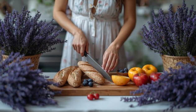 There is a woman that is cutting up some food on a cutting board