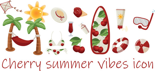 set of icons on the theme of summer, namely food, drinks and other attributes for relaxation with a cherry berry design, for thematic posters, social networks, stickers or backgrounds © Ольга Бабич