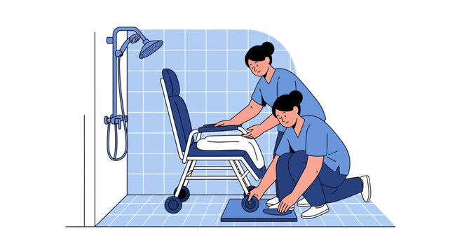 Caregiver Assisting Elderly Person in Shower Chair - Home Care and Support