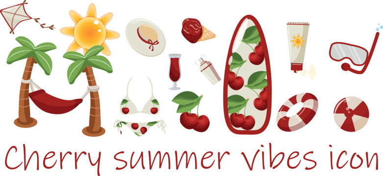 set of icons on the theme of summer, namely food, drinks and other attributes for relaxation with a cherry berry design, for thematic posters, social networks, stickers or backgrounds