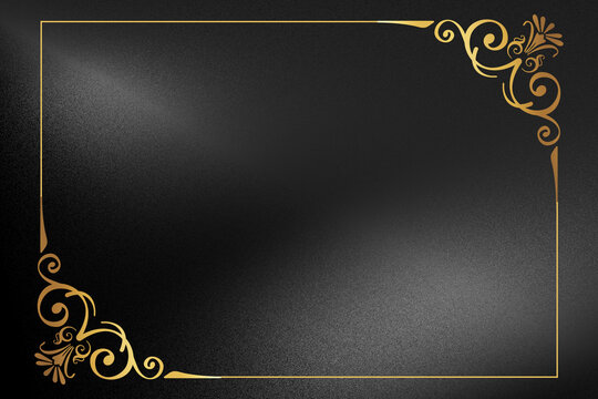 Elegant dark grey metallic background featuring a thin gold border with ornate vintage corner ornaments. Luxury textured backdrop with copy space for invitations or certificates. 