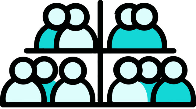 Groups of abstract people icons segmented into four quadrants, representing organization, teamwork, community, and social structure.