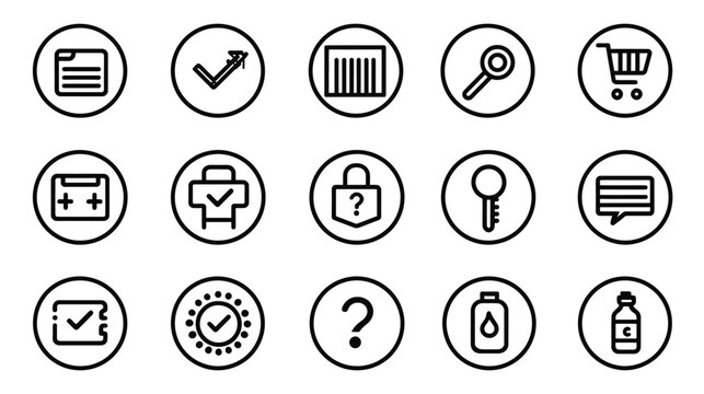 Set of minimalist black line icons for UI, UX, web, and mobile app design, featuring e-commerce, security, communication, and business symbols.