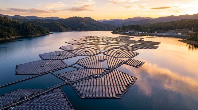 Renewable energy solution Floating solar panels installed on a calm reservoir