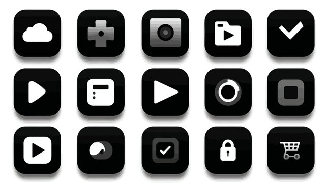 Modern flat black and white UI/UX icons set for mobile apps, web design, software interfaces, and digital technology elements.