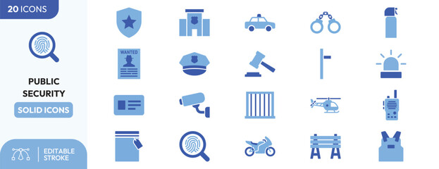 Public Security icon set. Containing badge, handcuffs, car, officer, camera, prison. Editable stroke. Vector illustration. © Aplha