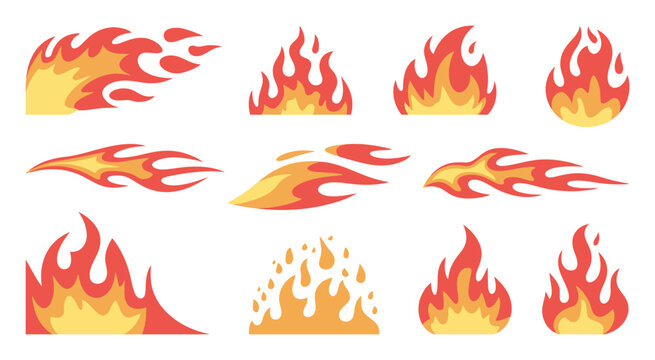 Fire flame vector set, dynamic burning effects and blazing fire shapes, heat and flame element illustration