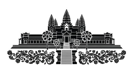 Obraz premium Elegant black and white illustration of a historic temple or palace with intricate architectural details