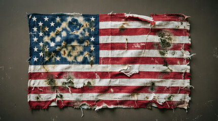 Fototapeta premium Tattered and Dirty Battle Worn American Flag on Dark Background