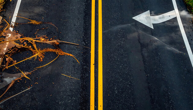 Overhead view of asphalt road with double yellow lines, white directional arrow, and scattered debris, indicating direction and caution