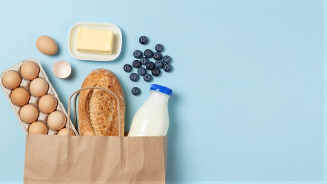 Fresh groceries in a paper bag: eggs bread milk butter blueberries.