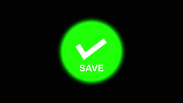 Digital save button with a check mark confirms data. Interactive save button with a check mark visualizes database updates. Secure information storage using save button with a check mark.
