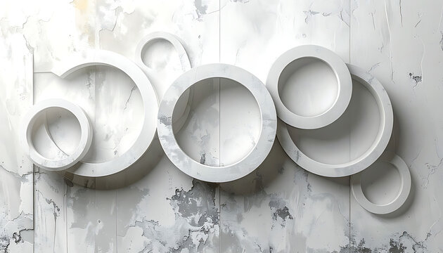 overlapping white geometric rings and circles on a textured grunge concrete wall, abstract background for design