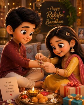 Characters of brother and sister celebrating raksha bandhan with rakhi ritual festival animation
