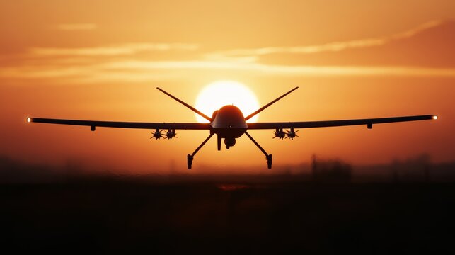 Drone taking off against sunset aerial photography technology scenic landscape dynamic viewpoint innovation in flight