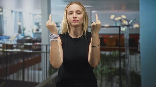 Woman showing middle finger with smartwatch and bracelet visible in building; defiance bold attitude.