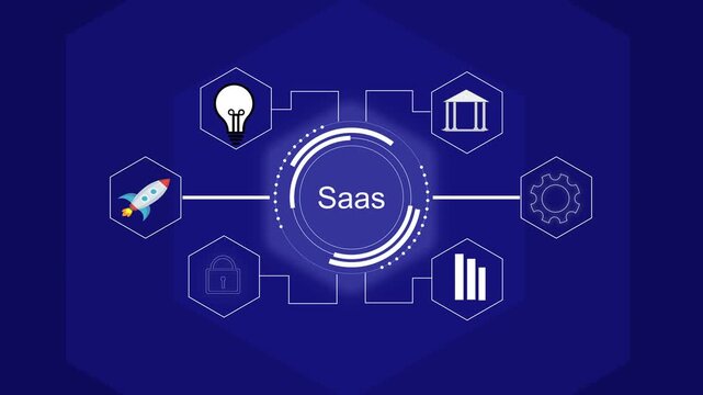 Advanced SaaS business concept maps cloud software subscription data. Modern SaaS business concept visualizes digital network infrastructure solutions. Cloud computing with SaaS business concept.