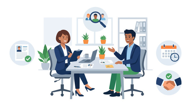 Job interview between candidate and recruiter in modern office.