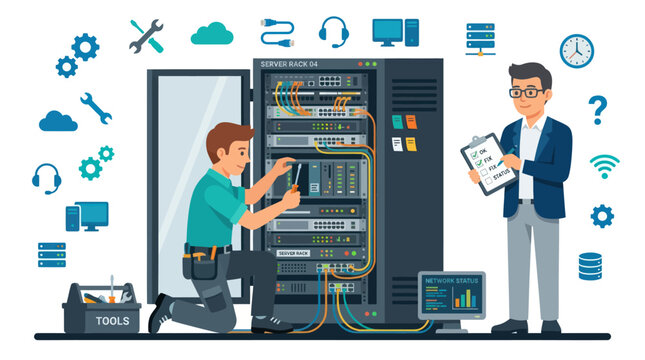 IT professional monitoring data center servers with technical tools.