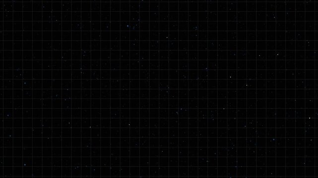 Abstract dark grid backdrop features drifting data particles fields. Seamless dark grid background provides clean layout space for text. Technology presentation using an abstract dark grid.